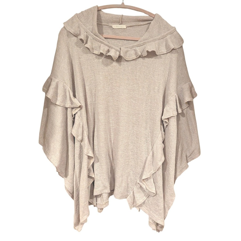 Entro Ruffle Hooded Poncho M/L Oatmeal Beige Knit Boho Romantic Wrap